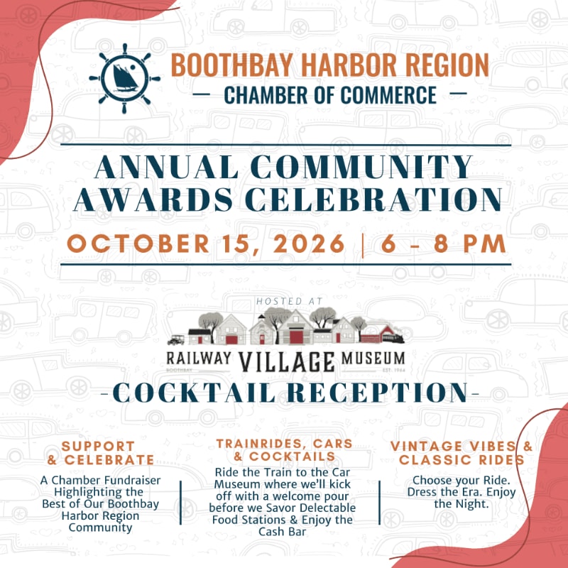 An event flyer for the Boothbay Harbor Region Chamber of Commerce Annual Community Awards Celebration is set against a white background featuring faint line drawings of vintage cars.