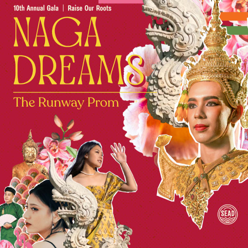 A collage featuring traditional Southeast Asian figures and sculptures in the foreground against a deep red background with gold text.