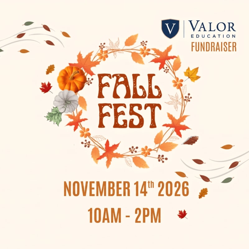 A "Fall Fest" fundraiser announcement featuring a colorful autumn wreath and pumpkins in the foreground against a plain cream background.