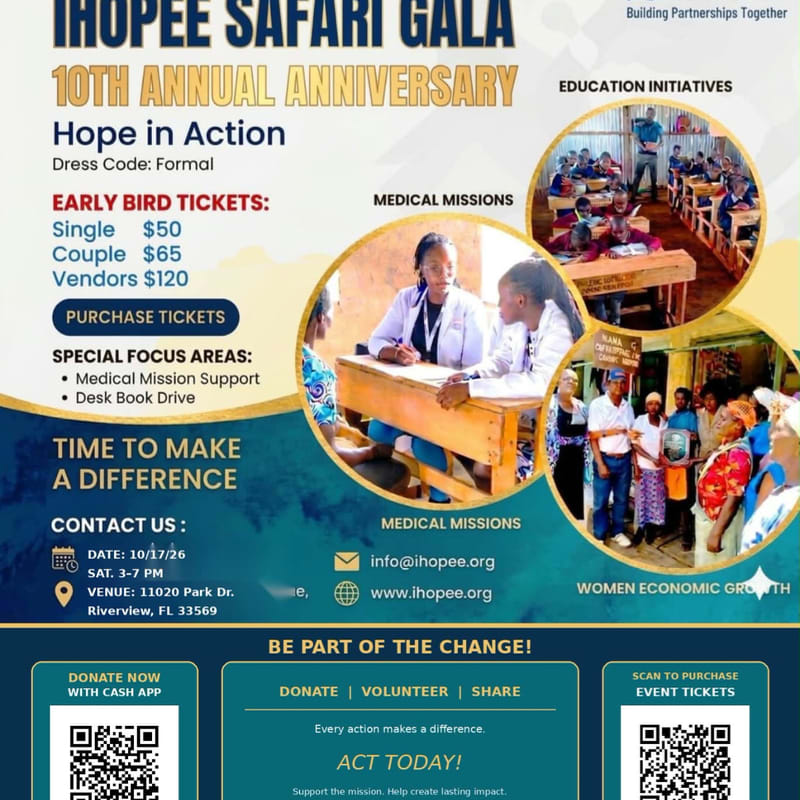 A promotional flyer for the IHOPEE Safari Gala features event details and ticket pricing in the foreground against a background of circular photos showcasing medical missions, education initiatives, and women's economic growth.