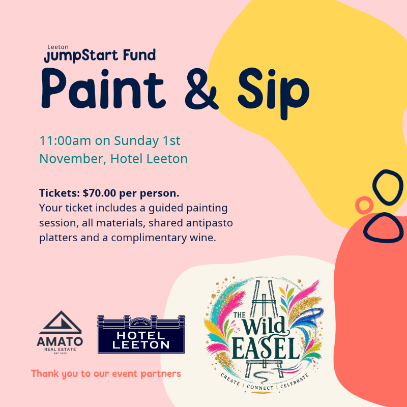An event flyer for a "Paint & Sip" session features dark blue and purple text on a light pink background with abstract yellow and red shapes.