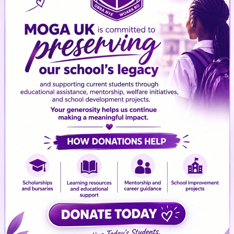 A promotional flyer for MOGA UK features a student with a backpack in the foreground and a purple-themed layout with donation information and a school crest in the background.