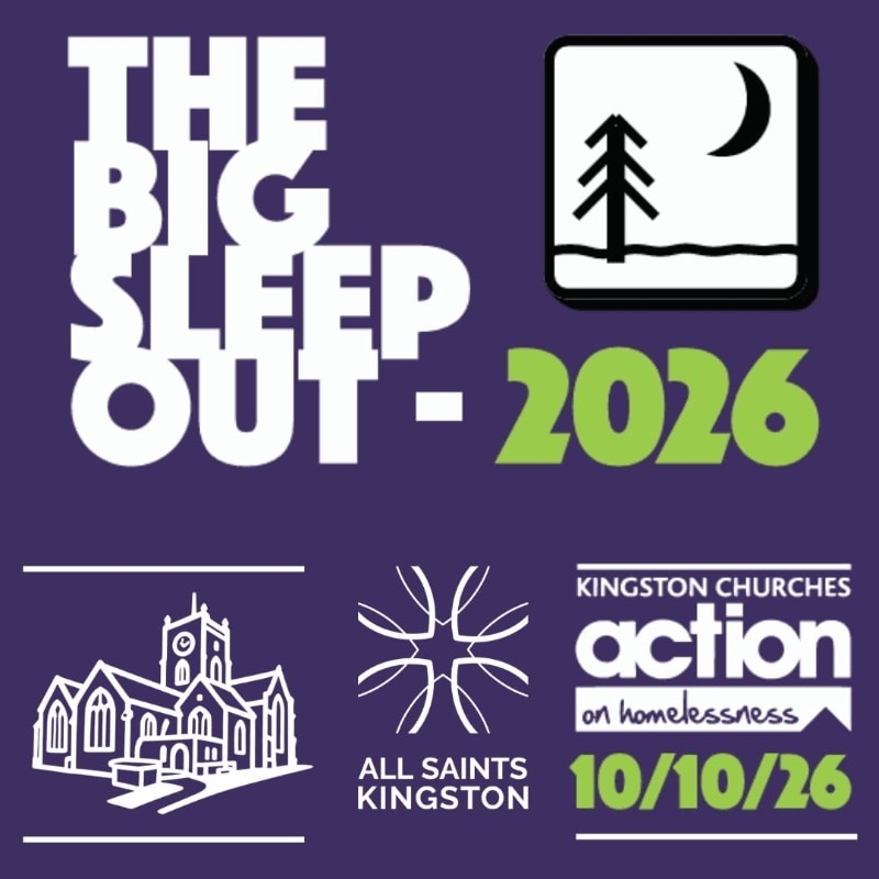 White and green text reading "THE BIG SLEEP OUT - 2026" and various organizational logos are set against a dark purple background.
