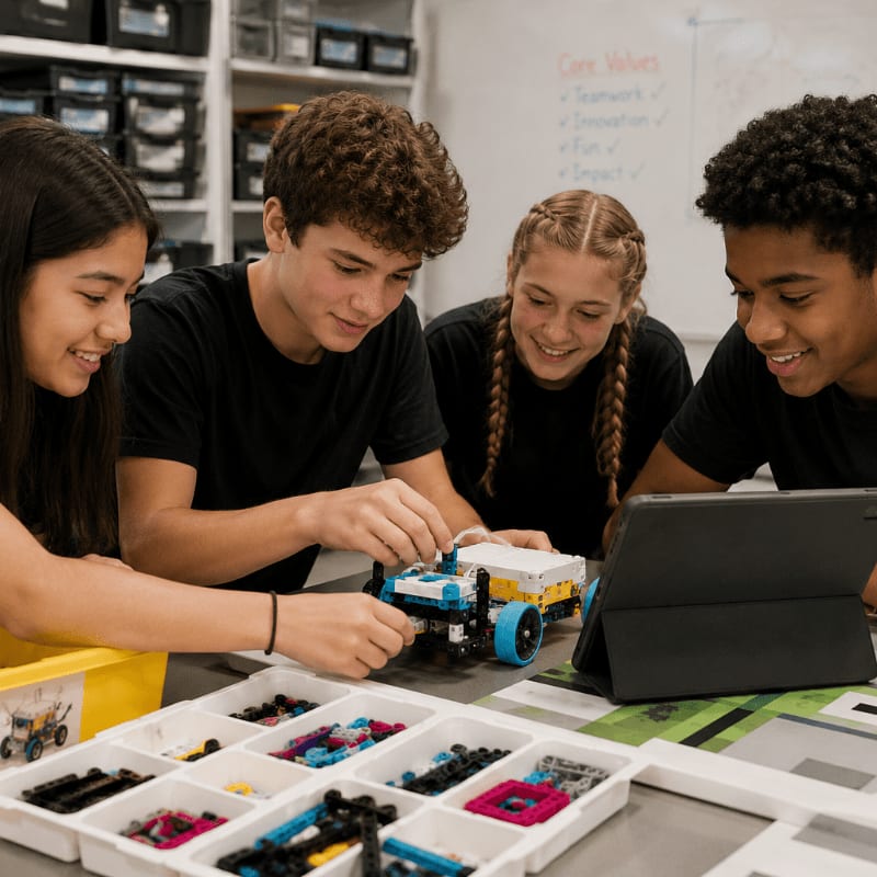 Four smiling teenagers work together on a robotic project in the foreground, with a classroom setting and a whiteboard in the background.
