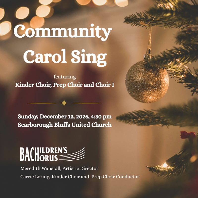White text announcing a "Community Carol Sing" event is overlaid on a blurred background of a Christmas tree with a gold ornament and twinkling lights.