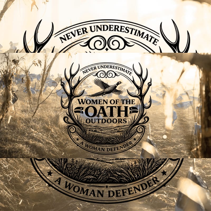 A circular logo featuring a bird and the text "Women of the Oath Outdoors" is layered over a blurred background of a grassy field.
