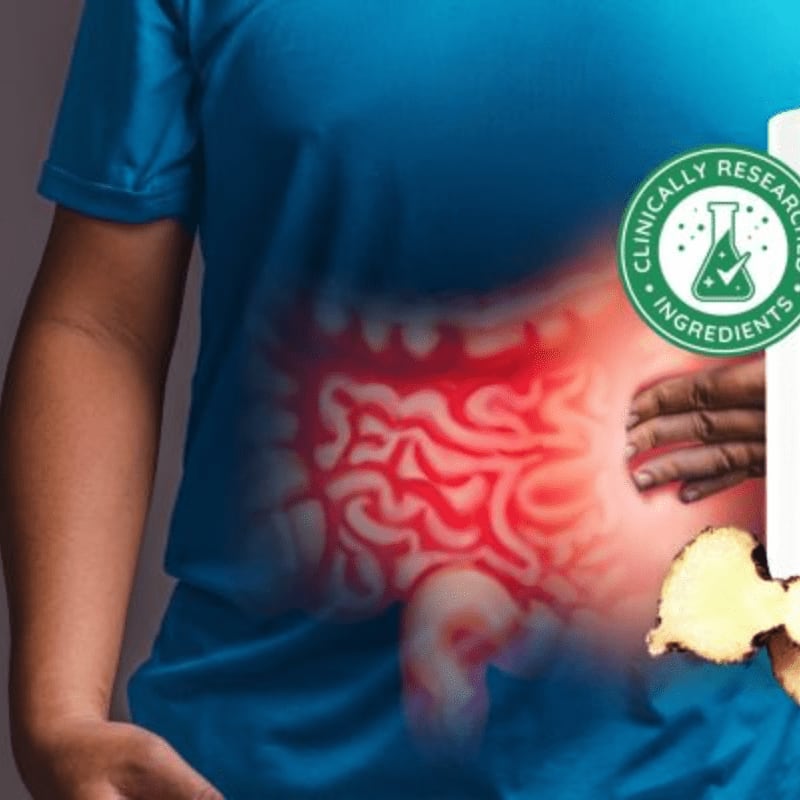 A person in a blue shirt holds their stomach over a glowing red illustration of intestines, with a "Clinically Researched Ingredients" seal in the background.