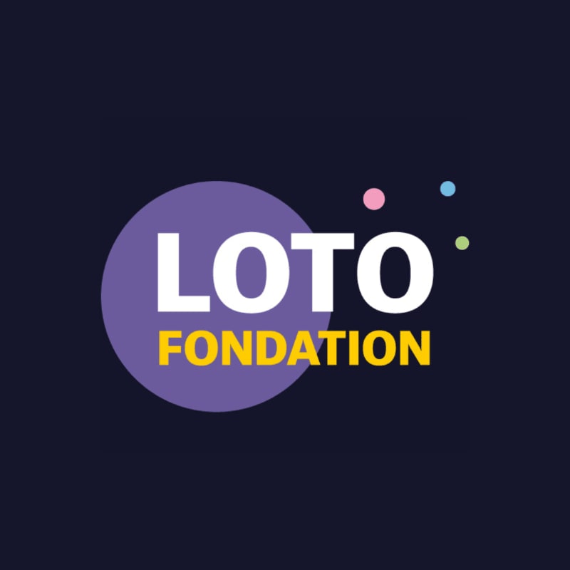 A purple circle containing the white text "LOTO" and yellow text "FONDATION" sits against a dark navy blue background with a few small colorful dots.