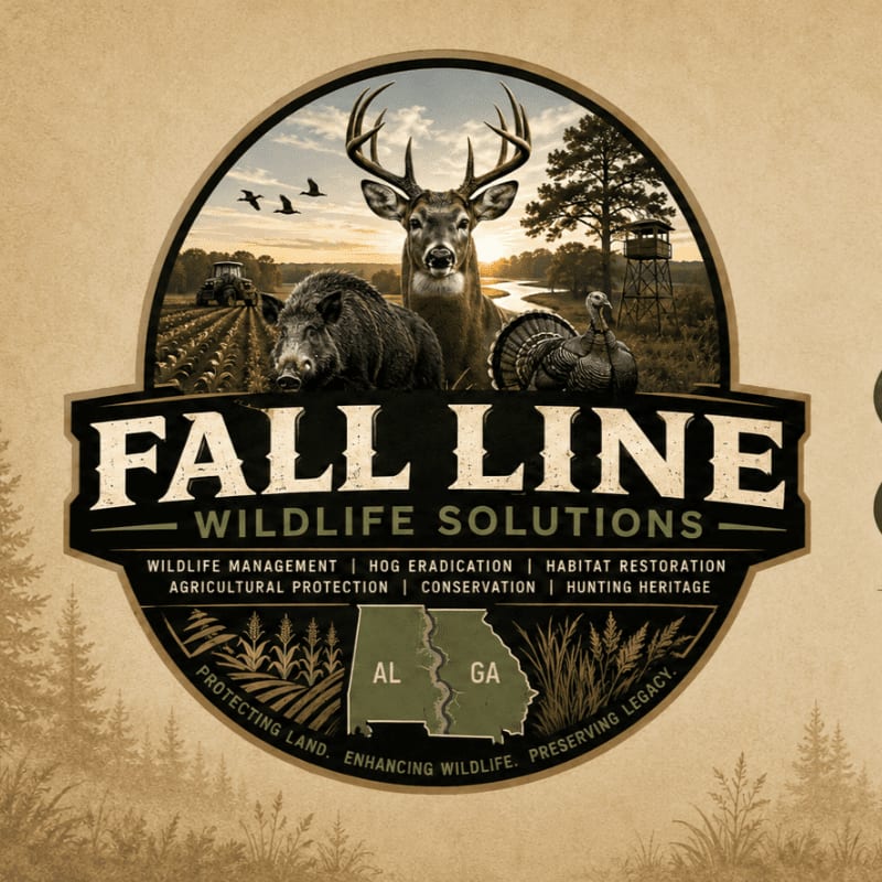 A circular logo features a deer, wild boar, and turkey in the foreground against a backdrop of a farm field, a tractor, a river, and a hunting stand, all set against a textured, earthy background with pine trees.