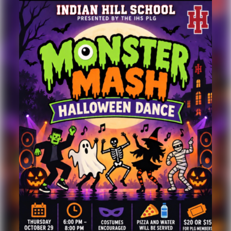 Colorful cartoon monsters dance in the foreground under a large glowing moon and a spooky purple night sky.