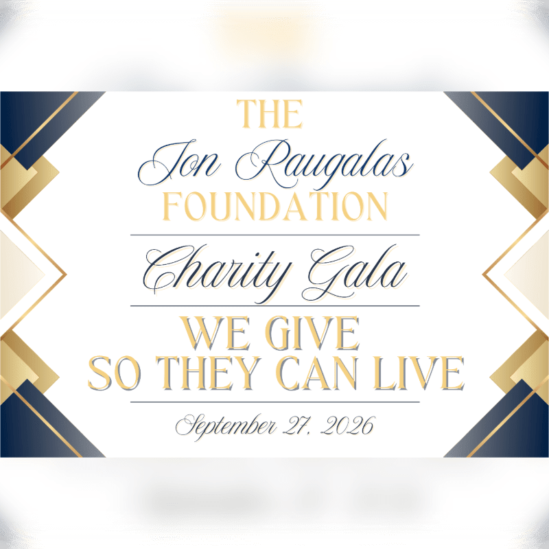 Gold and navy blue geometric borders frame a white background featuring text for The Jon Raugalas Foundation Charity Gala.
