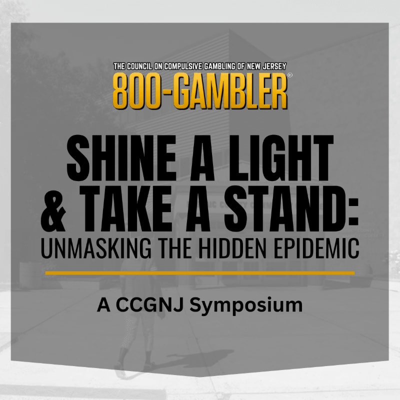 Bold text promoting a symposium on compulsive gambling is layered over a grayscale image of a person walking on a sidewalk.