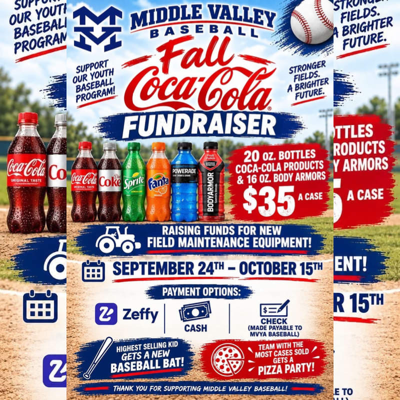 A variety of Coca-Cola brand beverages stand in the foreground against a background featuring a baseball field and promotional text for a Middle Valley Baseball fundraiser.