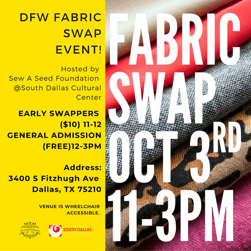 Event details for a DFW Fabric Swap are displayed on a yellow background to the left, while a stack of colorful fabric rolls fills the right side.