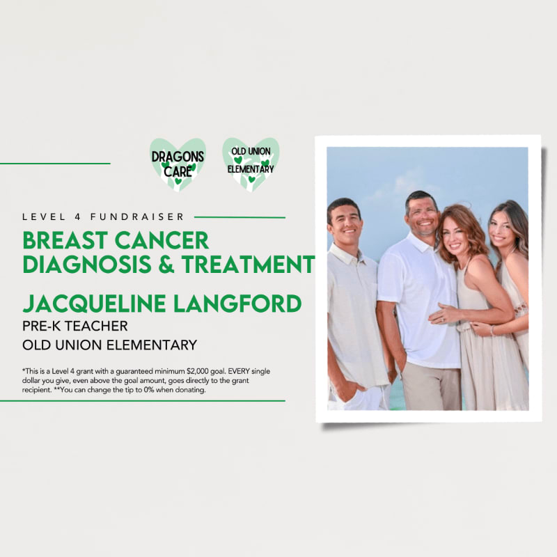 A fundraiser flyer for Jacqueline Langford's breast cancer treatment features text and logos on the left and a photo of a smiling family on the right against a plain light gray background.