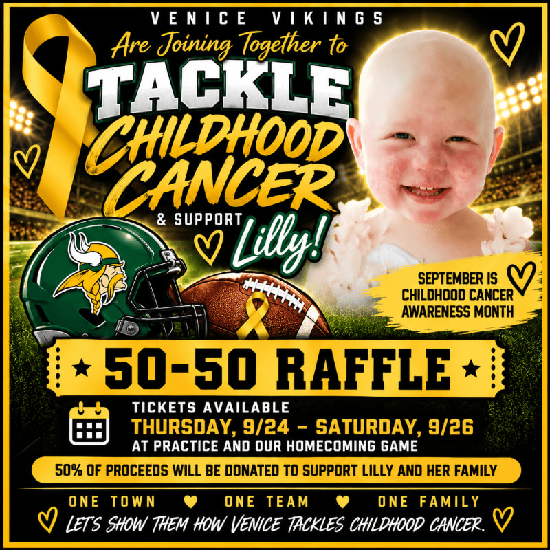 A smiling child and football equipment sit in the foreground against a backdrop of a stadium and promotional text for a childhood cancer raffle.