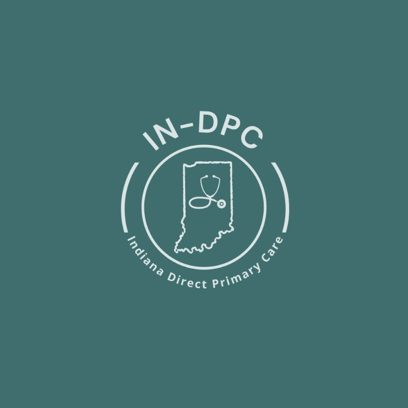 A white logo featuring the text "IN-DPC" and "Indiana Direct Primary Care" surrounding an outline of Indiana with a stethoscope is centered on a solid dark teal background.
