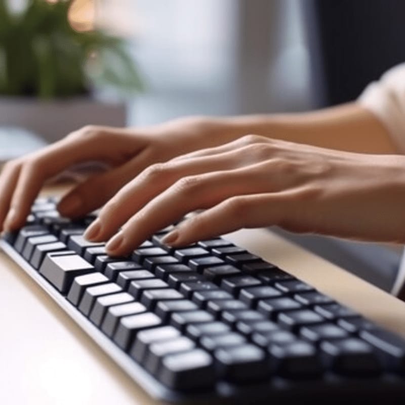A person's hands type on a black keyboard in the foreground, with a blurred green plant and a bright window in the background.