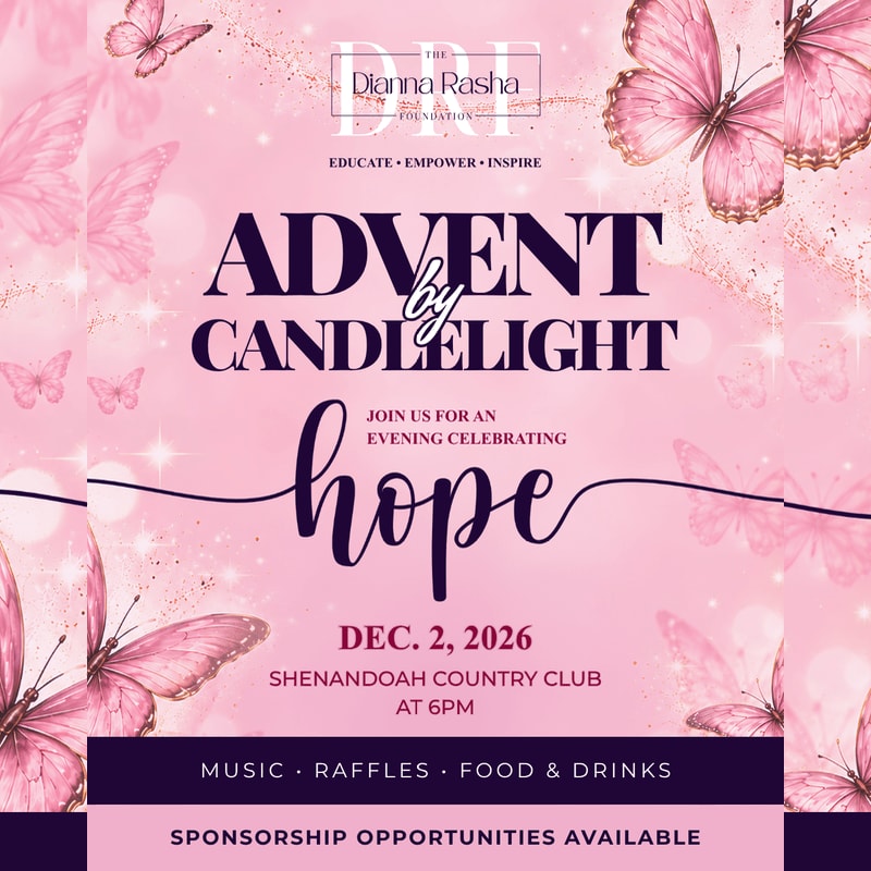 An event flyer for "Advent by Candlelight" features bold purple text and a script "hope" over a soft pink background adorned with shimmering sparkles and pink butterflies.