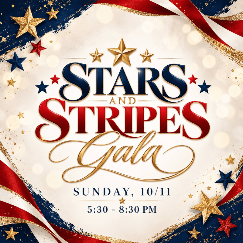Bold red, white, and blue text announcing the "Stars and Stripes Gala" sits in the center, surrounded by gold stars and flowing American flag ribbons against a glowing white background.