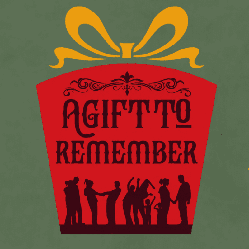 A red gift box with a yellow bow and the text "A GIFT TO REMEMBER" above silhouettes of people is set against a solid green background.