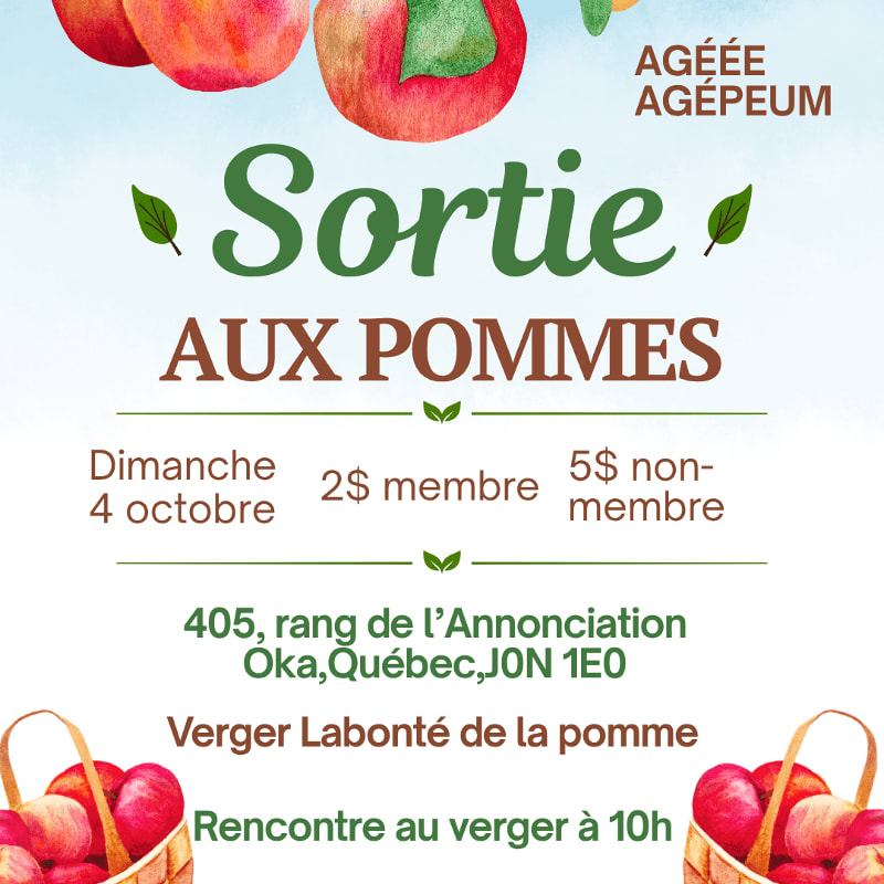 A promotional flyer for an apple picking outing features text and apple illustrations in the foreground against a light blue background.