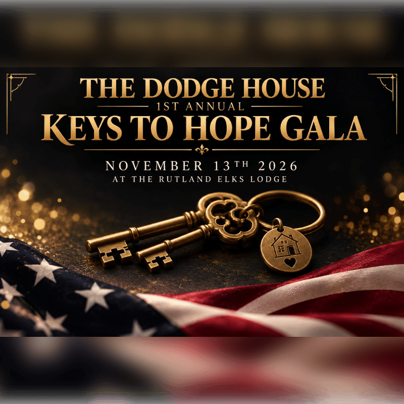 Two vintage gold keys and a house-shaped charm rest on an American flag in the foreground, set against a dark background featuring gold text for "The Dodge House 1st Annual Keys to Hope Gala."