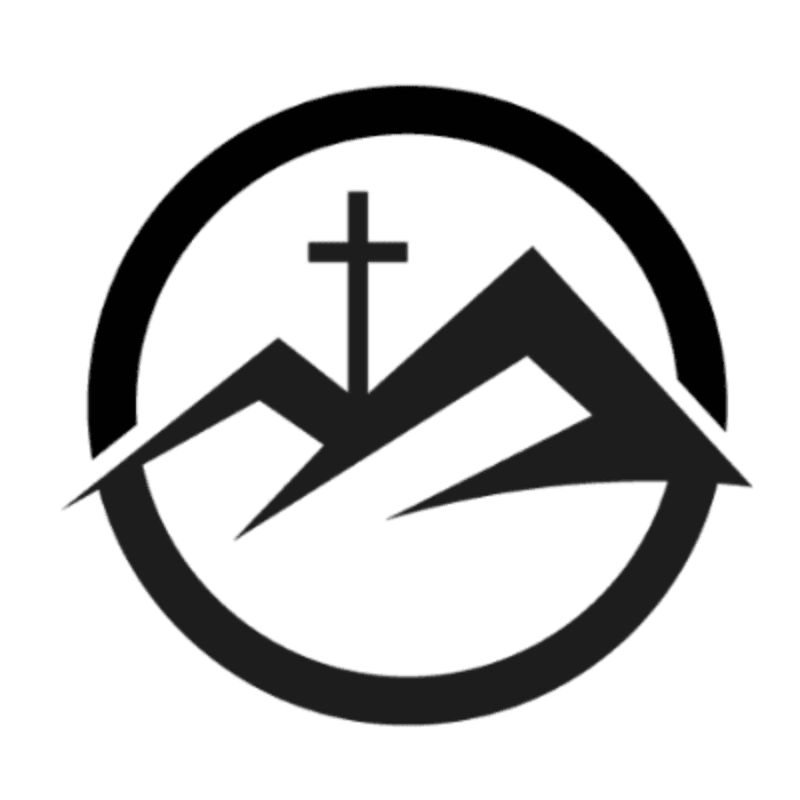 A black and white circular logo features a stylized mountain range in the foreground with a cross atop the highest peak, set against a plain white background.