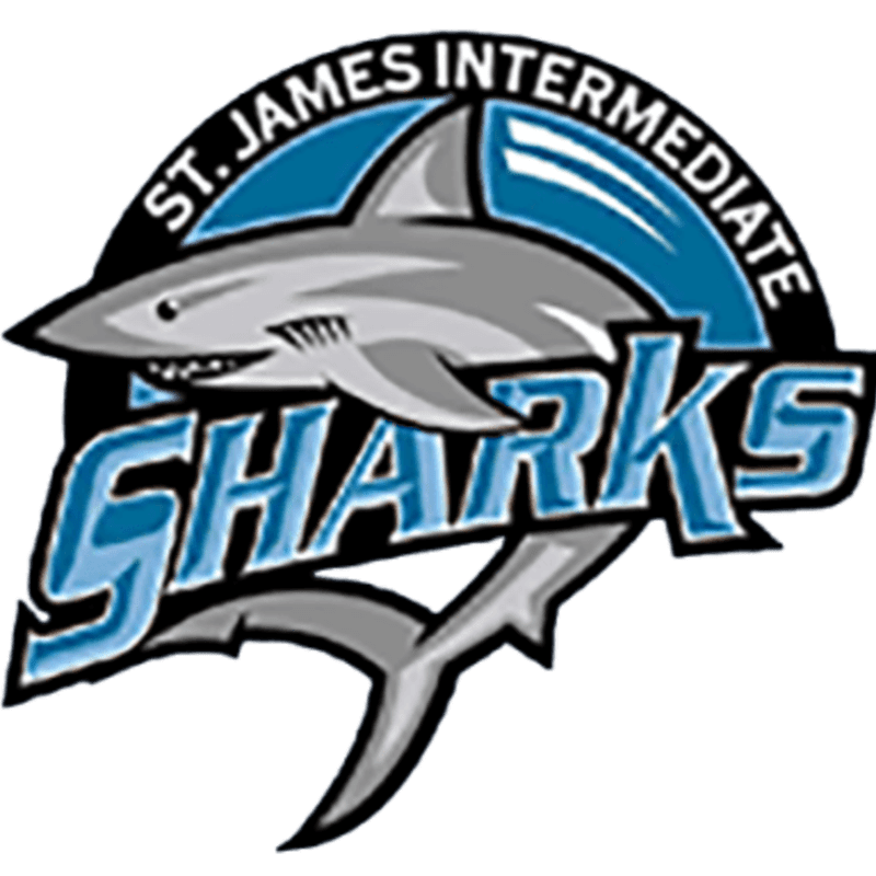 A grey shark and the word "SHARKS" are positioned in the foreground against a blue circular background with the text "ST. JAMES INTERMEDIATE."