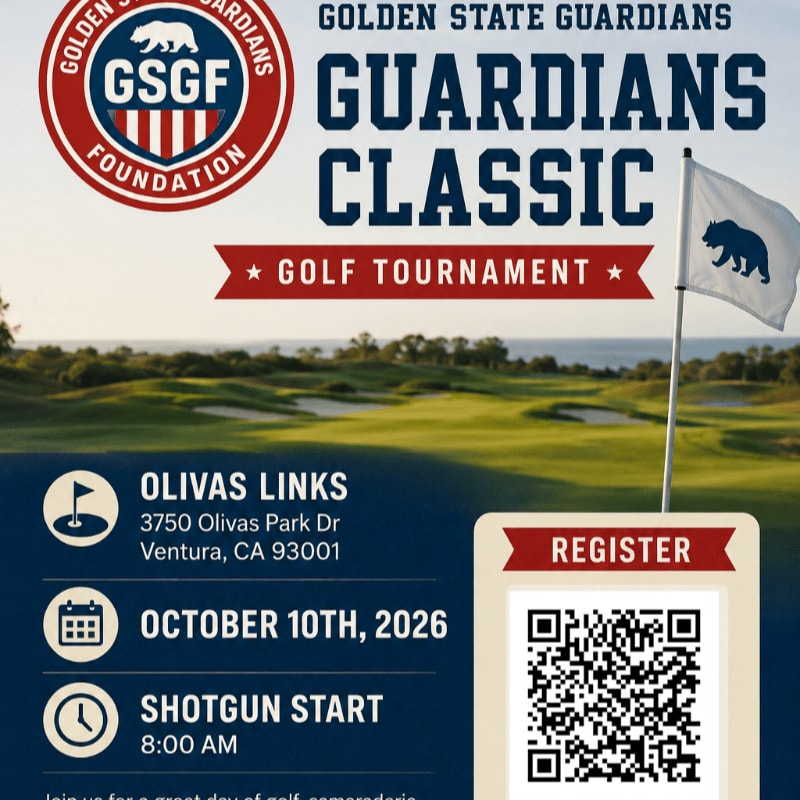 Event details and a registration QR code are overlaid on a scenic golf course landscape featuring a white flag with a blue bear.