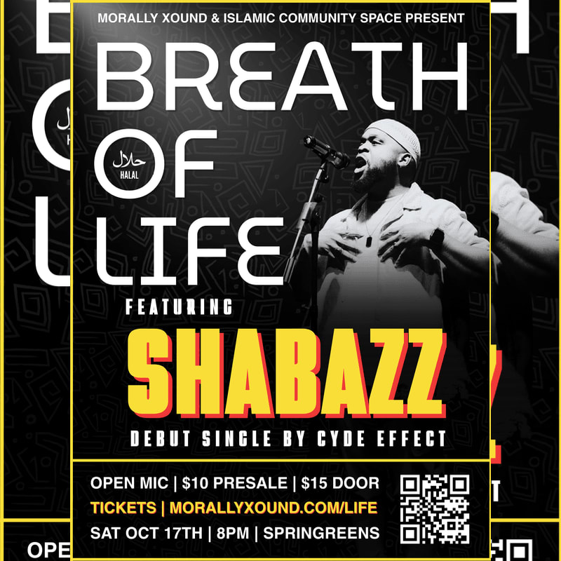 A promotional poster for "Breath of Life" featuring a man singing into a microphone in the foreground against a dark, textured background with bold white and yellow text.