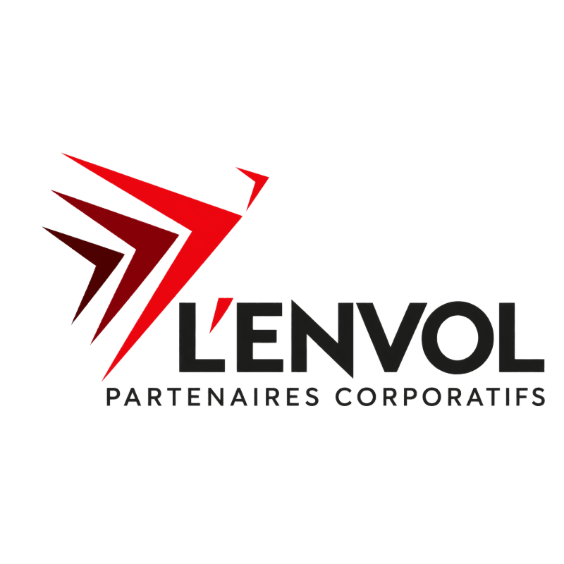 A red stylized bird wing logo and the black text "L'ENVOL PARTENAIRES CORPORATIFS" are centered against a plain white background.