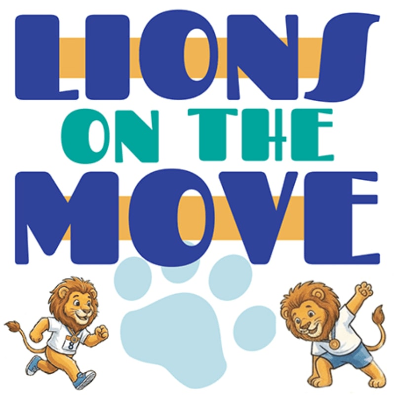Two cartoon lions stand beside a large light blue paw print in the foreground, set against a white background with the text "LIONS ON THE MOVE" in blue and teal.