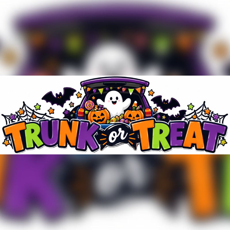 Colorful "TRUNK or TREAT" text and a ghost in a car sit in the foreground against a blurred, mirrored background.