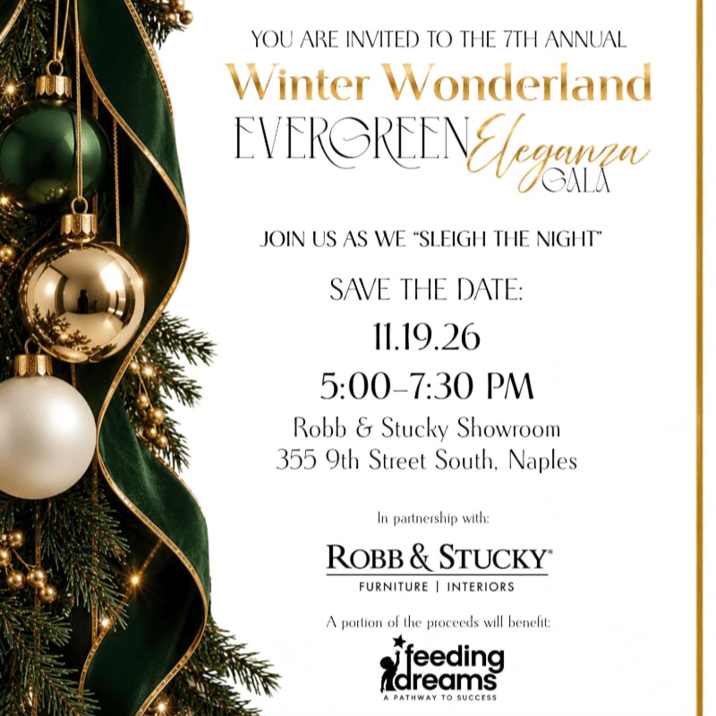 Christmas ornaments and a green ribbon decorate a pine branch in the foreground, set against a white background featuring an invitation for the Winter Wonderland Evergreen Eleganza Gala.