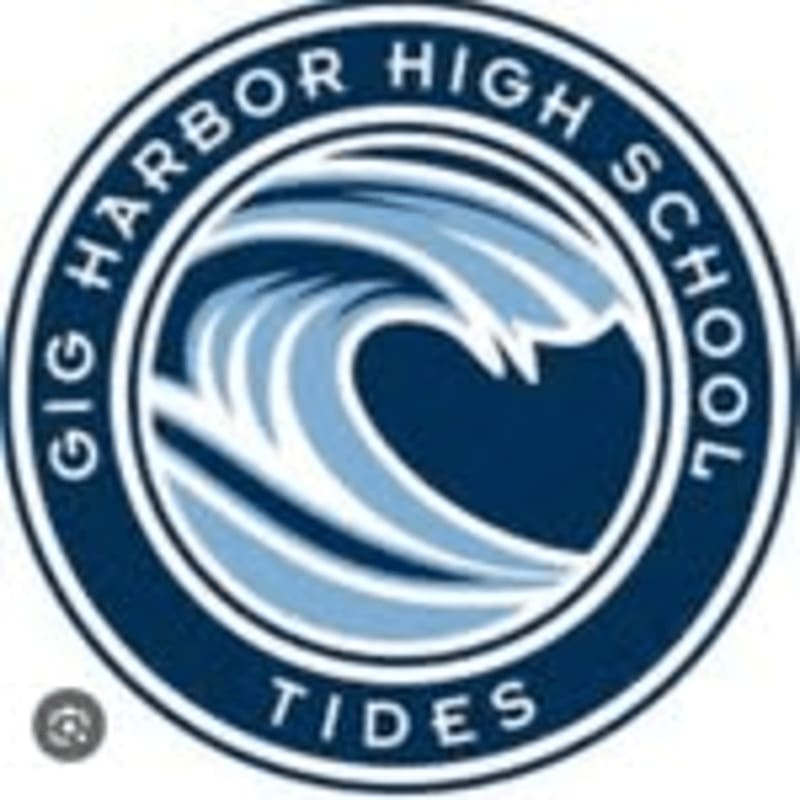 A stylized blue and white wave is centered within a dark blue circular border containing the text "GIG HARBOR HIGH SCHOOL TIDES."