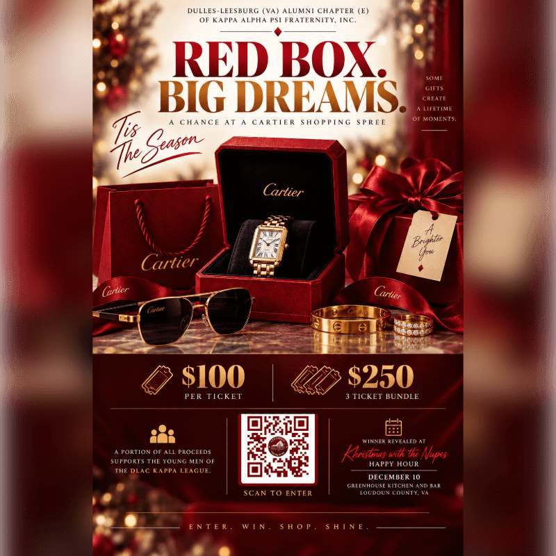 Luxury Cartier items, including a watch, sunglasses, and jewelry, sit in the foreground against a blurred, festive holiday background.
