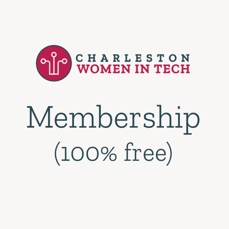 The logo for Charleston Women in Tech and the text "Membership (100% free)" are centered on a plain light gray background.