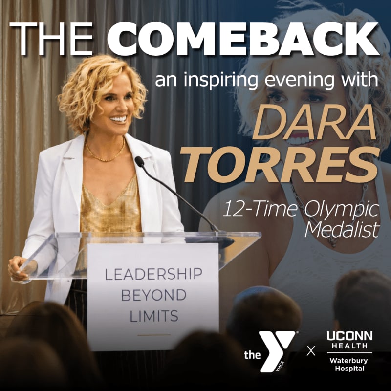 A smiling woman in a white blazer stands at a podium in the foreground, with a larger, faded portrait of her and event text set against a dark background.