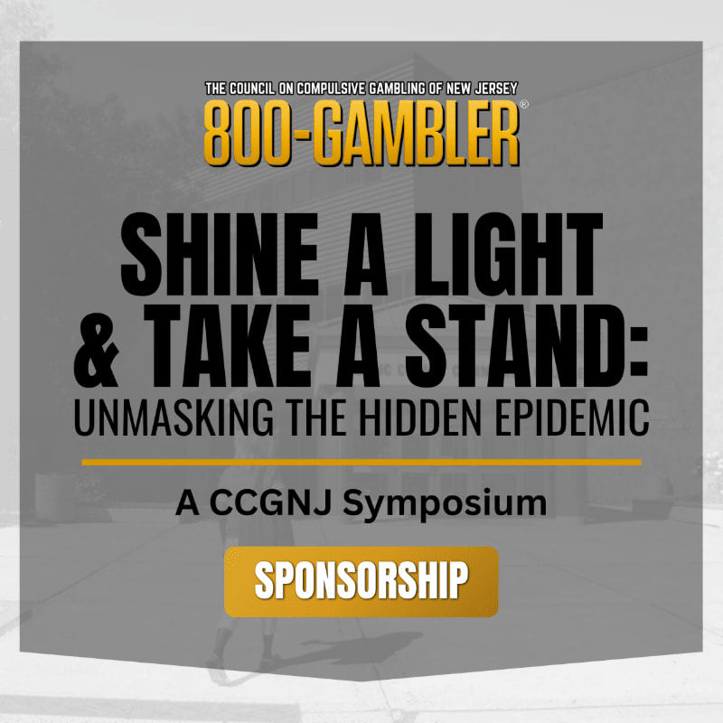 Bold text promoting a CCGNJ symposium on compulsive gambling is layered over a faded, grayscale urban background.