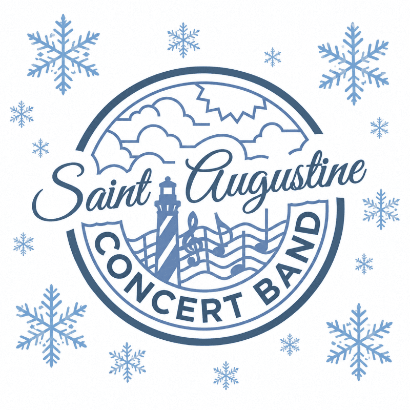 A blue circular logo for the Saint Augustine Concert Band featuring a lighthouse and musical notes is surrounded by snowflakes on a white background.