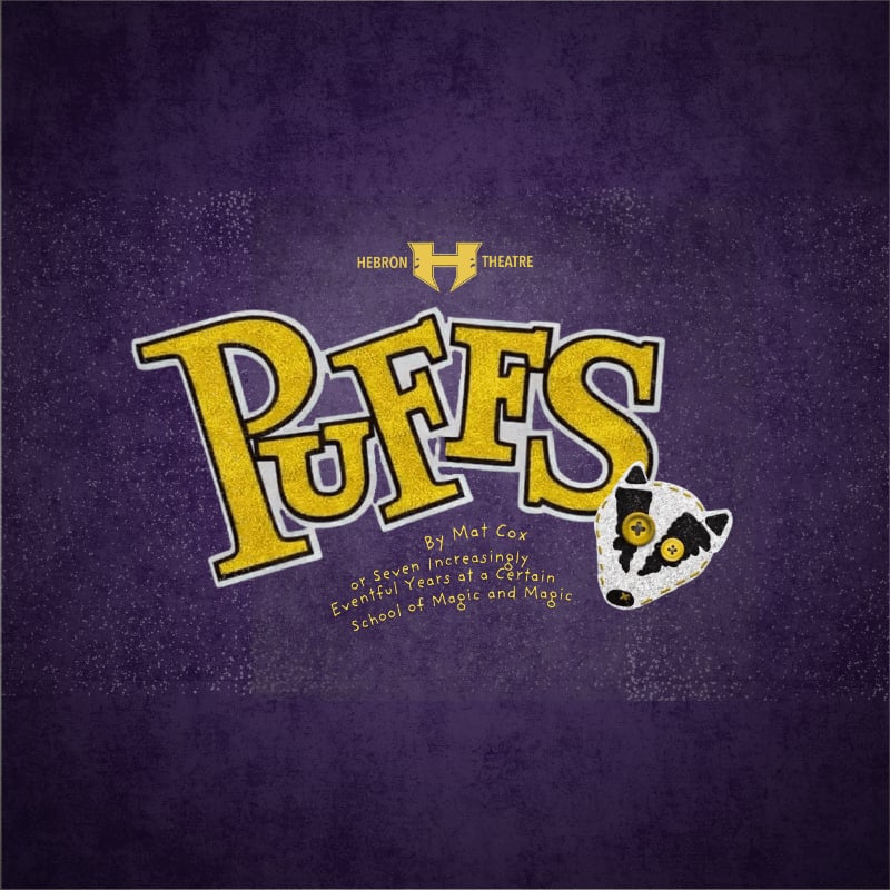 The yellow title "PUFFS" and a small badger illustration sit in the foreground against a textured dark purple background.