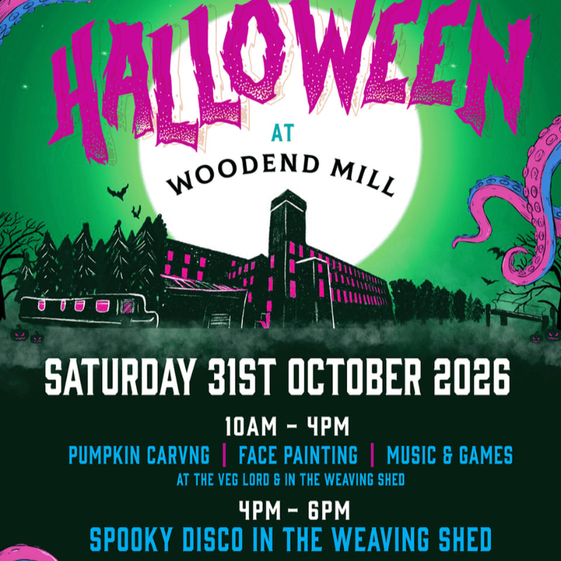 A vibrant Halloween event flyer features bold pink text and a spooky mill silhouette in the foreground against a glowing full moon and green sky in the background.