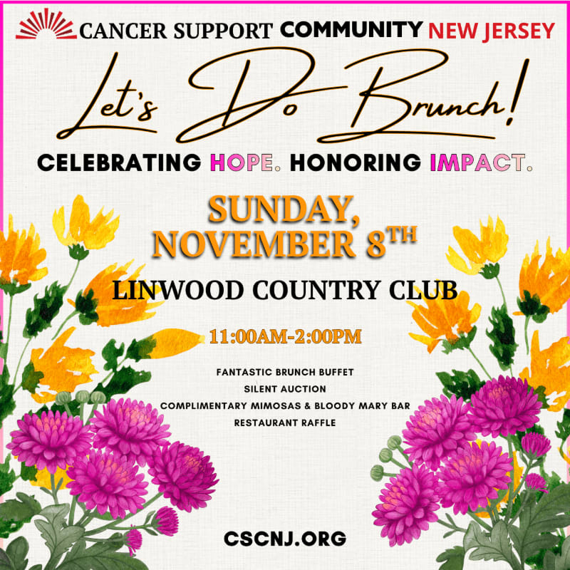 Event details for a brunch fundraiser are centered on a white background, framed by vibrant yellow and purple flowers in the foreground.
