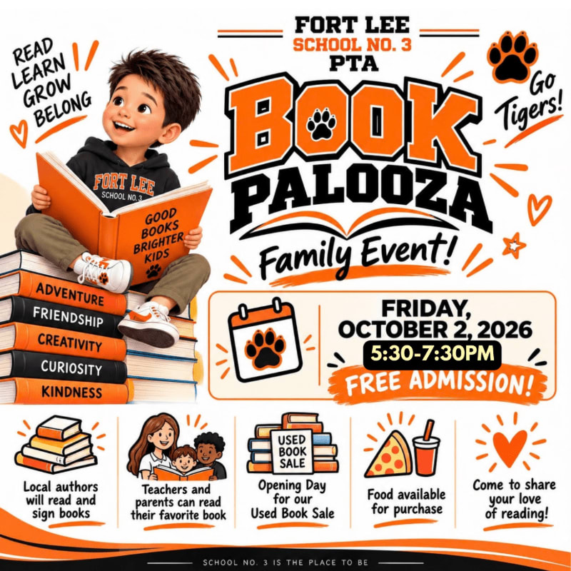 A young boy sits atop a stack of colorful books in the foreground, set against a white background featuring orange and black text for a "Book Palooza" family event.
