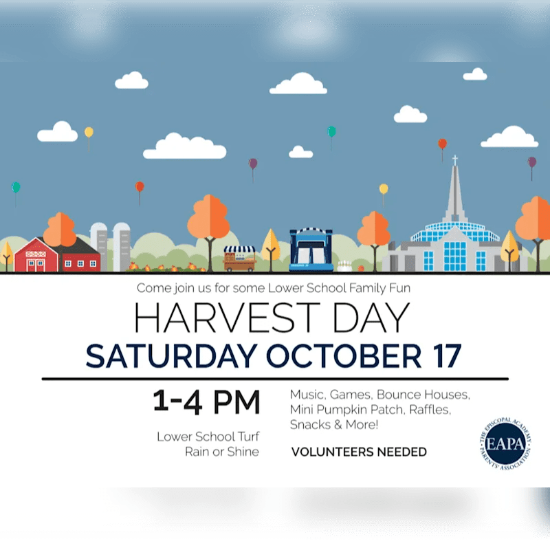 An event flyer for "Harvest Day" features a white text area in the foreground and a stylized autumn landscape with a red barn, church, and colorful trees against a blue sky in the background.
