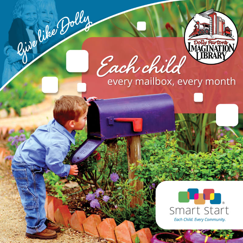 A young boy looks inside a purple mailbox in the foreground, while a garden, promotional text, and a photo of Dolly Parton with a child fill the background.