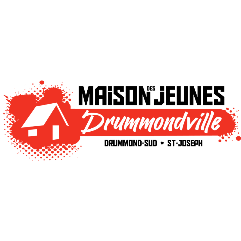 A logo featuring a white house icon on a red paint splatter and the text "MAISON DES JEUNES Drummondville" set against a plain white background.