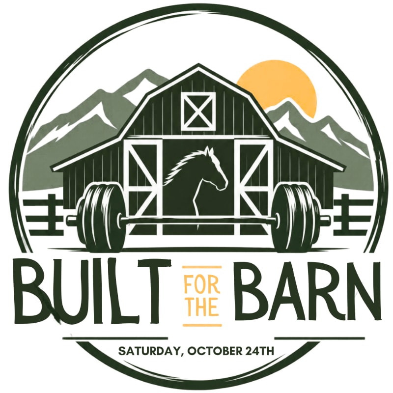 A barbell sits in the foreground before a barn with a horse silhouette, set against a background of mountains and a yellow sun.