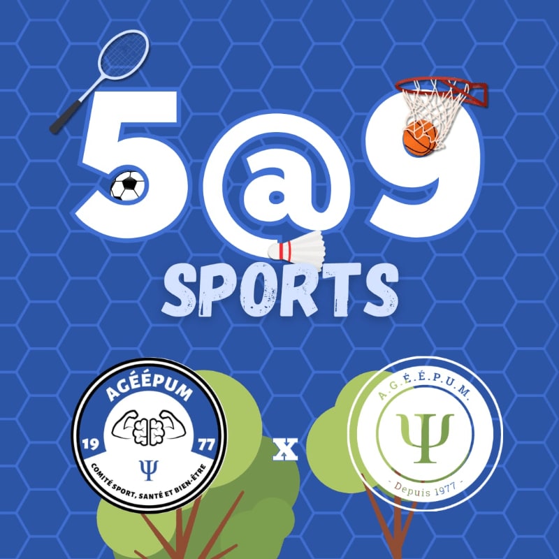 Large white text reading "5@9 SPORTS" surrounded by sports equipment sits in the foreground against a blue hexagonal patterned background.